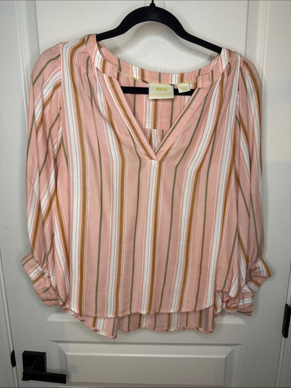 Maeve Pink, Tan & White Striped V-Neck Blouse